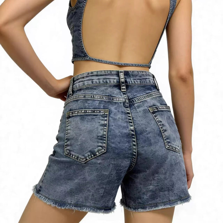 Damen modische Denim-Shorts im lässigen Schnitt mit fransigem Saum Drune