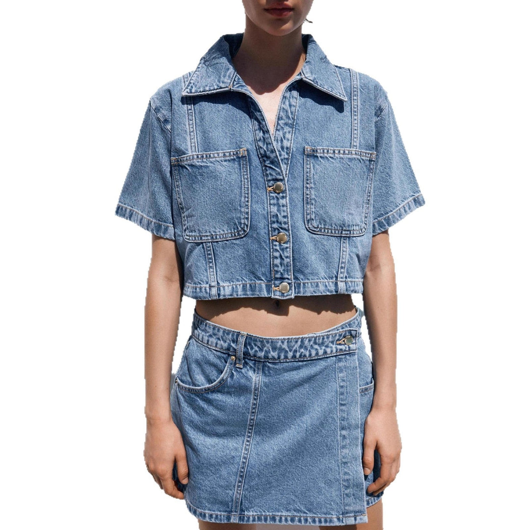 Damen Denim-Crop-Jacke mit praktischen Taschen und modernem Design Drune