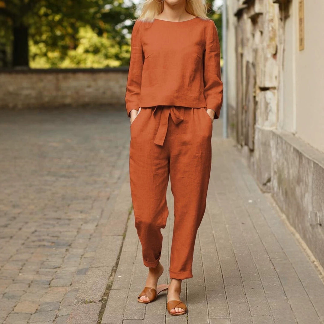 Damen Lässiges Leinen-Loungewear-Set mit Rundhalsausschnitt, Bindegürtel und knöchellanger Hose Drune