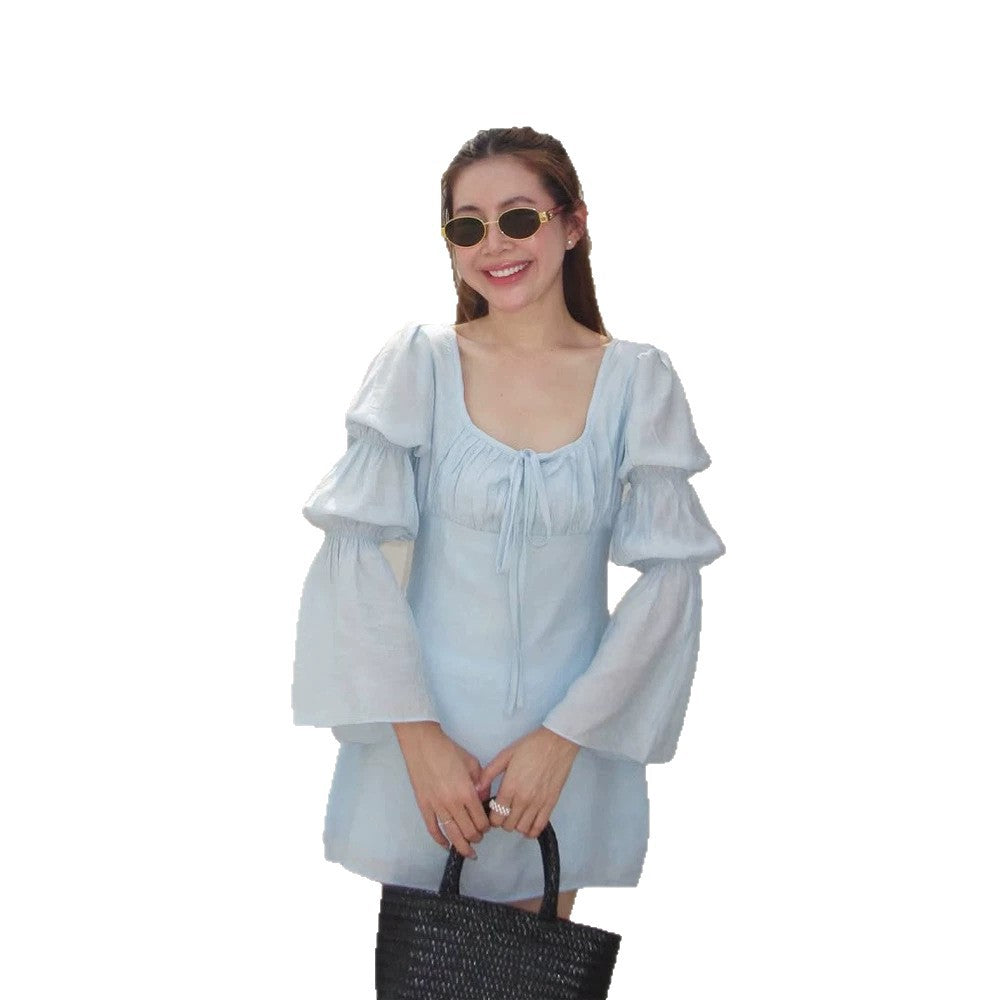 Damen Leichtes taillenbetontes Minikleid mit gestuften Volantärmeln & Schnürdetail Drune