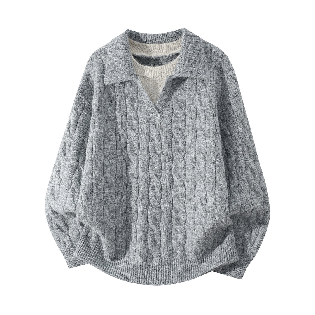 Damen Oversize Zopfmuster-Pullover mit offenem Polokragen & Layer‑Look Drune