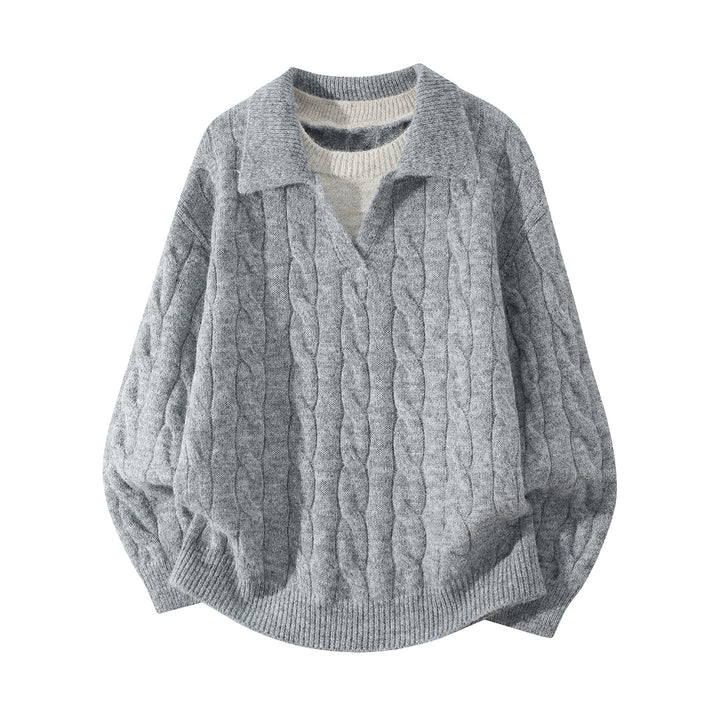 Damen Oversize Zopfmuster-Pullover mit offenem Polokragen & Layer‑Look Drune