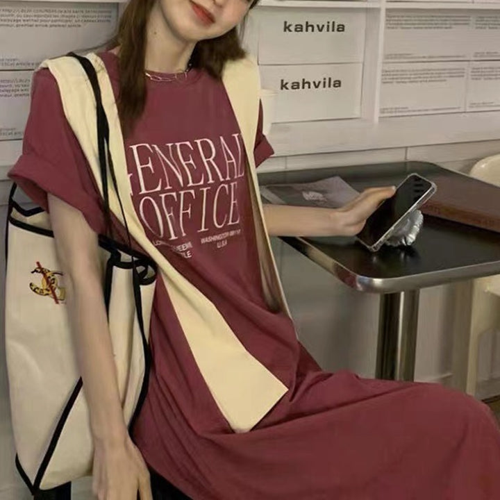 Damen Casual T-Shirt Kleid mit kreativem Schriftzug Drune