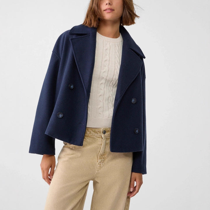 Damen nan kurz geschnittener Zweireiher Wollmix-Peacoat mit überbreitem Revers und kastiger Silhouette Drune
