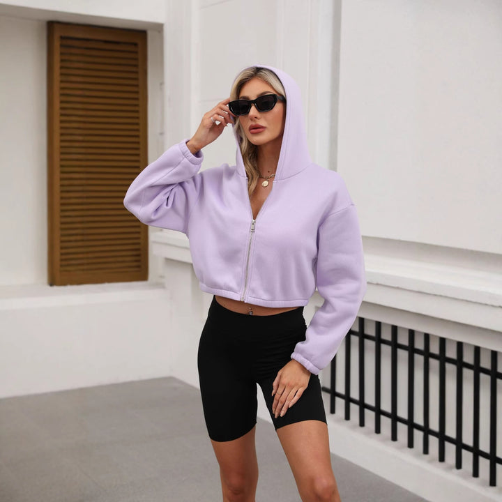 Damen Cropped Kapuzenjacke mit durchgehendem Reißverschluss und oversized Ärmeln Drune