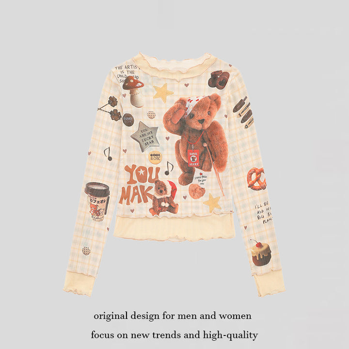 Damen Langarm Mesh-Top mit Teddy-Print und Lagenoptik Drune