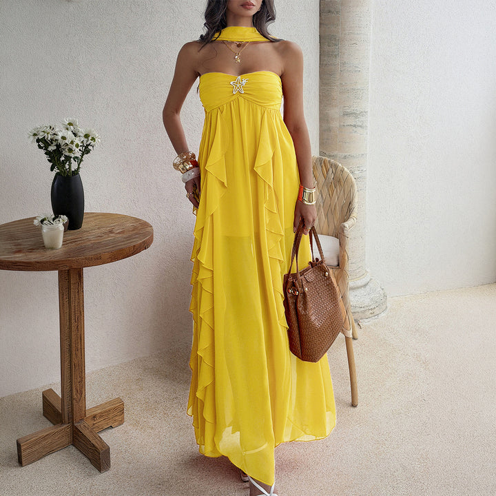 Damen Maxikleid mit schwingendem Rüschendesign und elegantem Bustier Drune