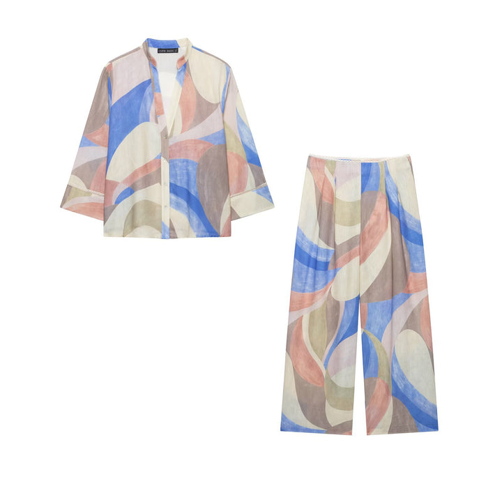 Damen Weite Leinenhose mit abstraktem Aquarellprint und hoher Taille Drune