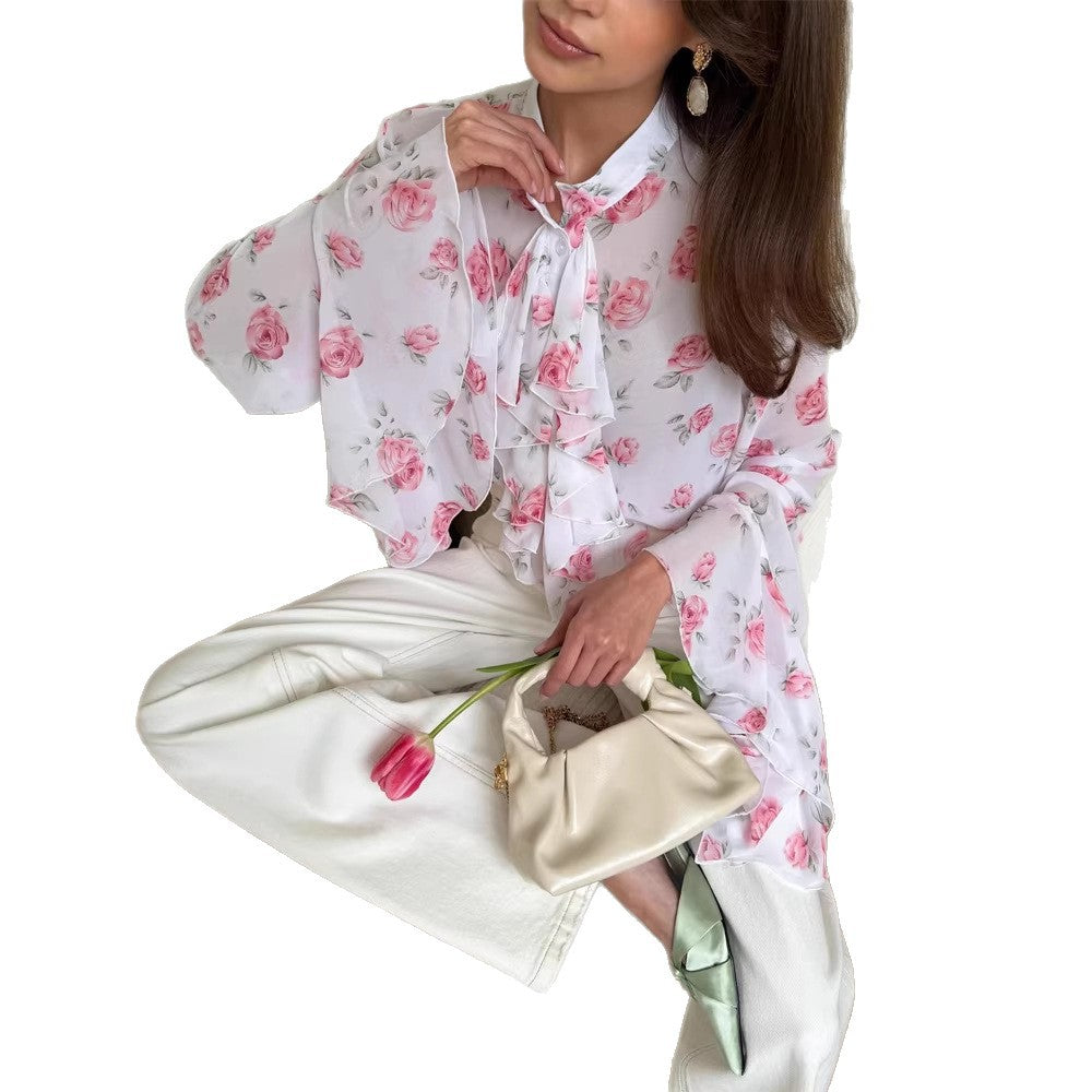 Damen Chiffon-Bluse mit Rosendruck, Volantstufen und Glockenärmeln Drune