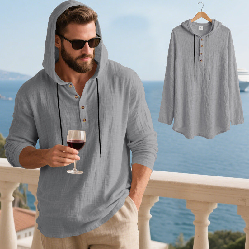 Herren nan lässiges Kapuzen-Henleyshirt in Leinenoptik mit durchgehender Knopfleiste und relaxed Fit Drune