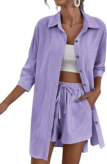 Damen Leichtes Longline-Hemdjacken-Set mit elastischer High-Waist-Shorts Drune