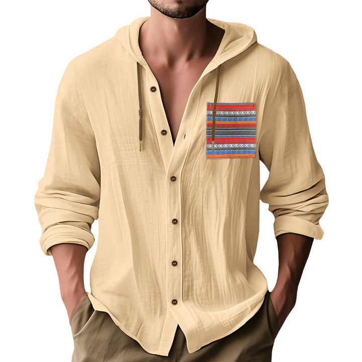 Herren nan leichte Kapuzenhemdjacke aus strukturierter Baumwollmischung mit Ethno‑Brusttasche und Knopfleiste Drune