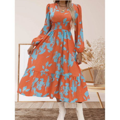 Damen Langarm Maxikleid mit floralen Mustern und voluminösen Ärmeln Drune