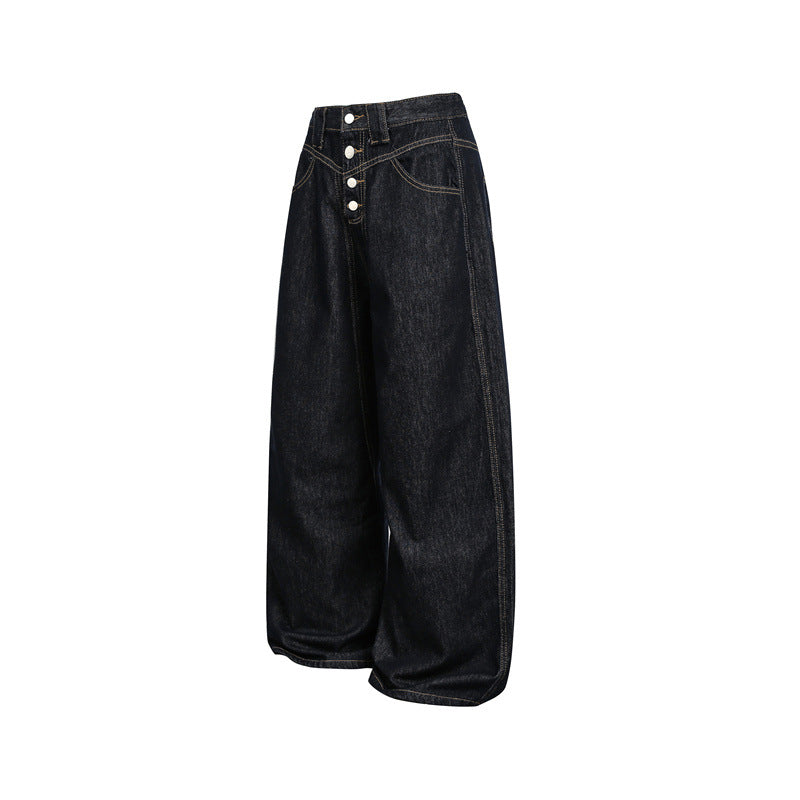 Damen hochtaillierte Baggy-Jeans in Ballonform mit sichtbarer Knopfleiste und markanten Nähten Drune