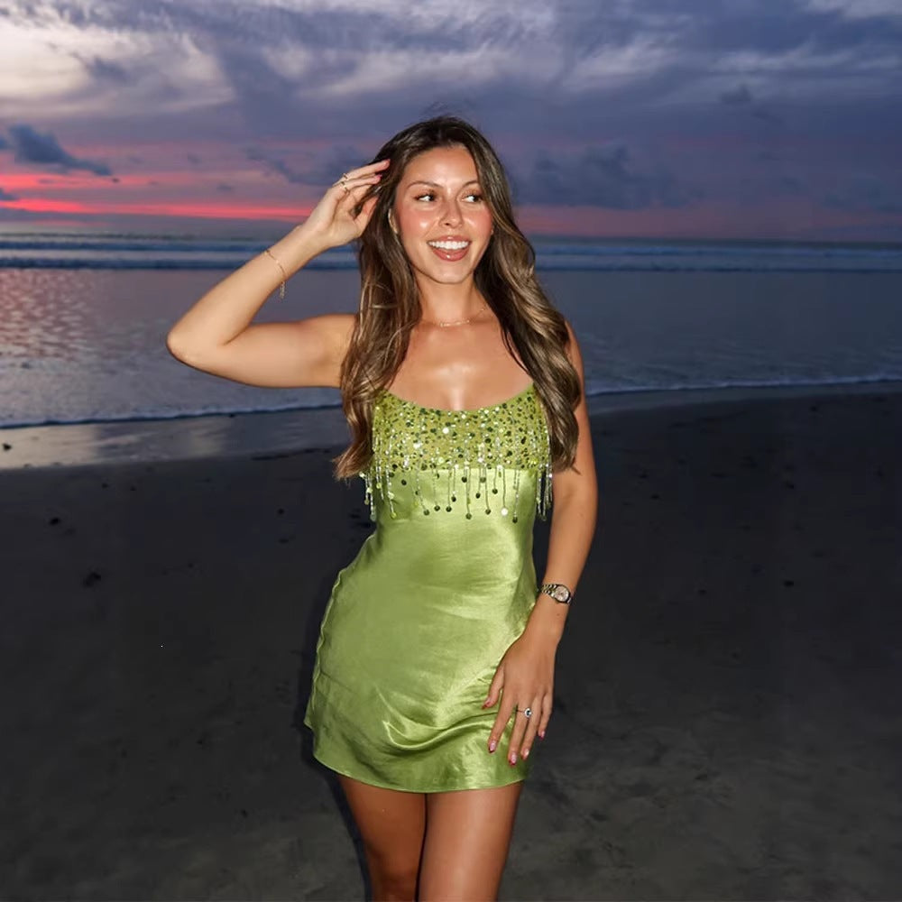 Damen modernes Glamour-Cocktailkleid mit Perlenbesatz Drune