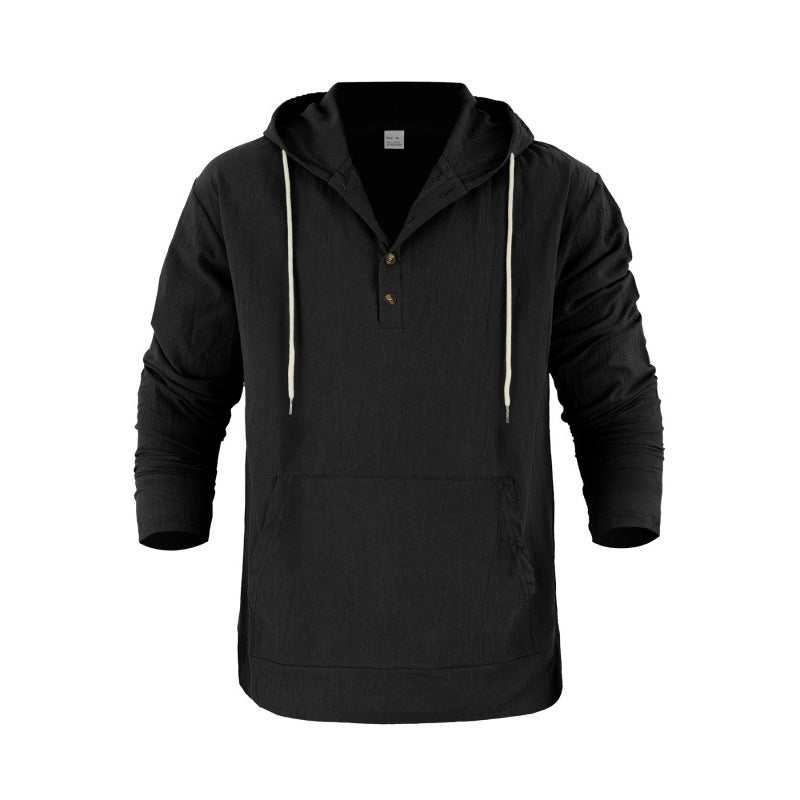 Herren nan Leinenoptik Henley-Kapuzenpullover mit Knopfleiste und Kängurutasche Drune