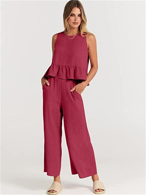 Damen Zweiteiler-Set mit schickem Peplum-Oberteil und weit geschnittenen Hosen Drune