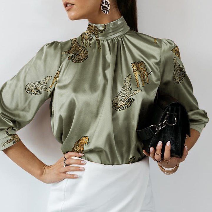 Damen Hochgeschlossenes Satinblusenshirt mit Stehkragen und Animal‑Print Drune