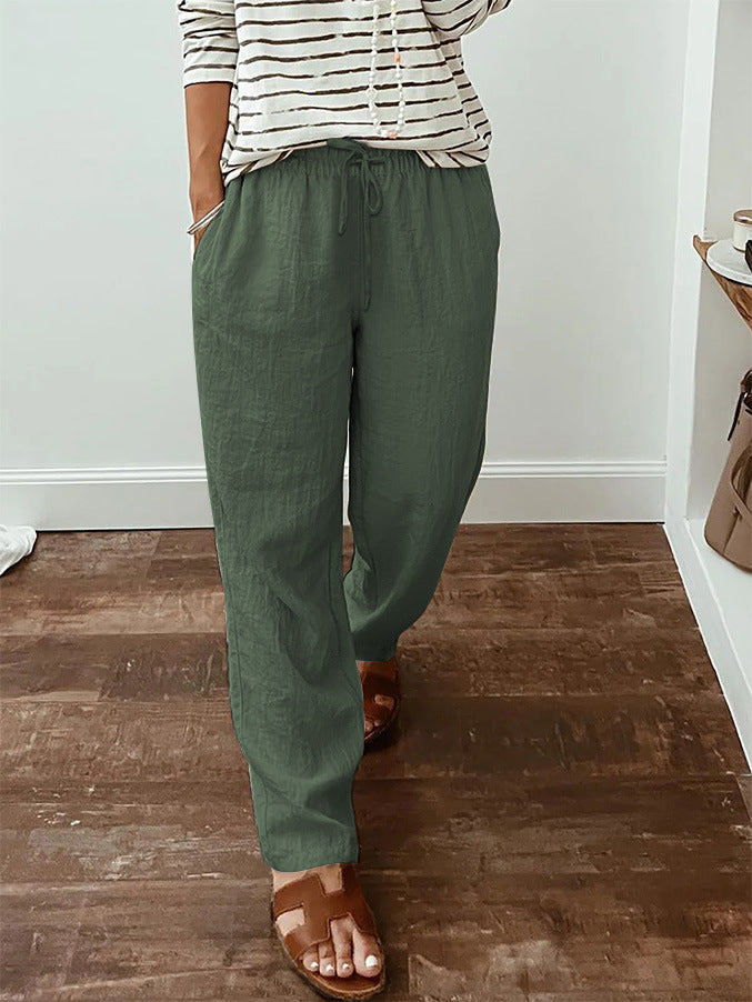 Leichte Damen-Leinenoptik-Hose mit elastischem Kordelzug, Fronttaschen und weitem Bein Drune
