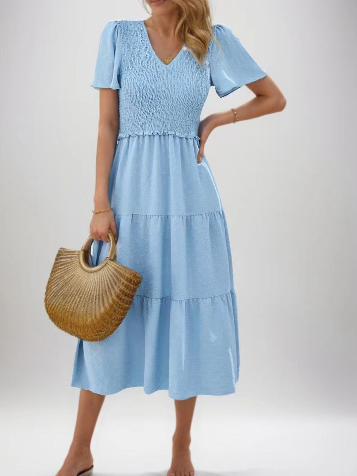 Damen Midi-Kleid mit elastischem Taillenband und Rüschendetails Drune