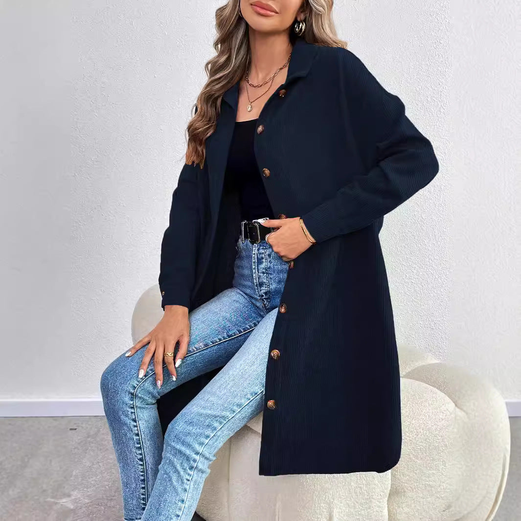 Damen lange Oversize-Cord-Hemdjacke mit durchgehender Knopfleiste und Hemdblusen-Kragen Drune