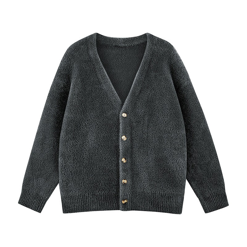 Damen Oversize Teddy-Strickcardigan mit V‑Ausschnitt und Holzknöpfen Drune