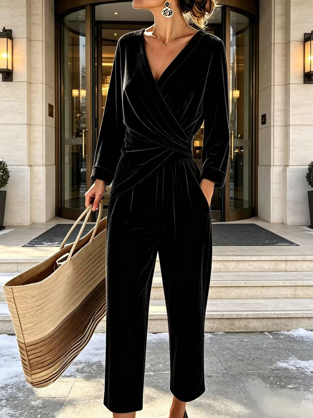 Damen Velours-Overall mit Wickeloberteil und weitem Hosenbein Drune