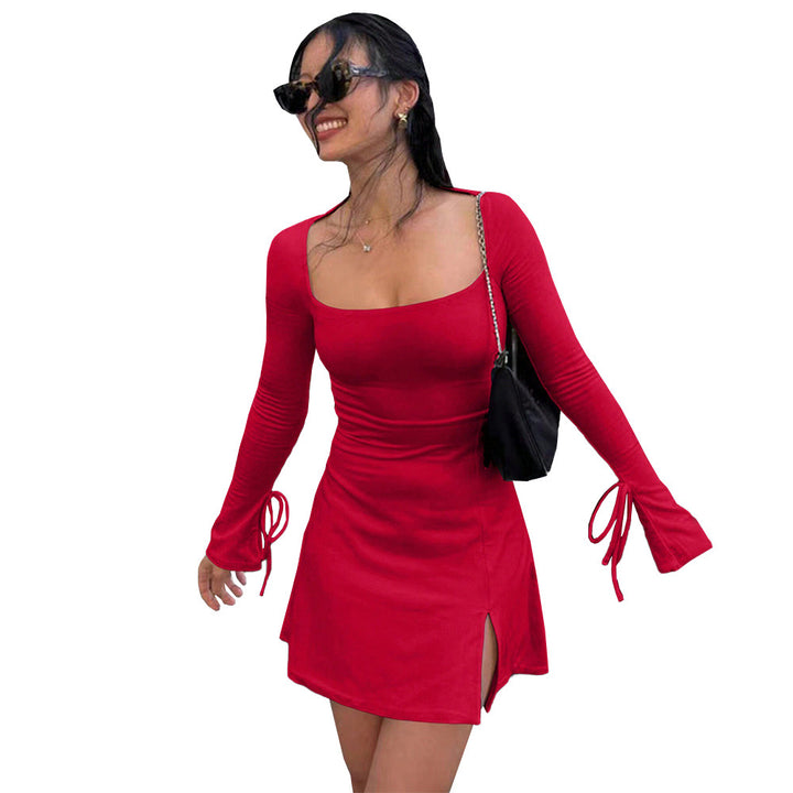 Damen figurbetontes Minikleid mit quadratischem Ausschnitt langen Ärmeln Bindbändern an den Ärmelabschlüssen und seitlichem Schlitz Drune