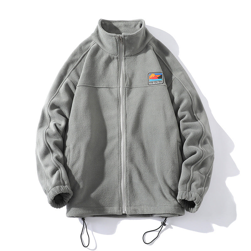 Herren Fleecejacke mit Stehkragen, durchgehendem Reißverschluss, elastischem Tunnelzug und Badge Patch Drune