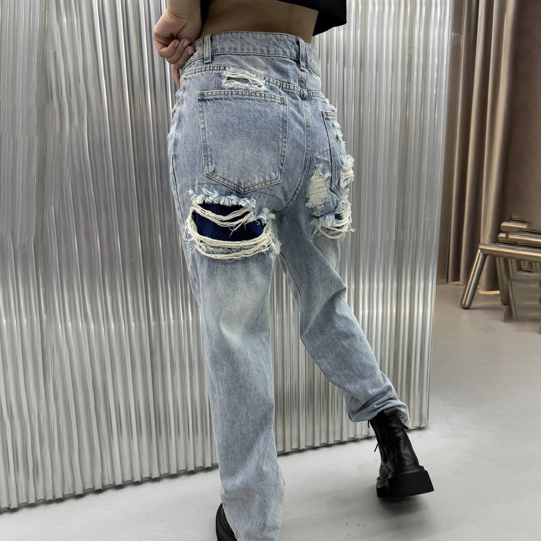 Damen Wide-Leg-Jeans mit Destroyed-Details und hohem Bund Drune