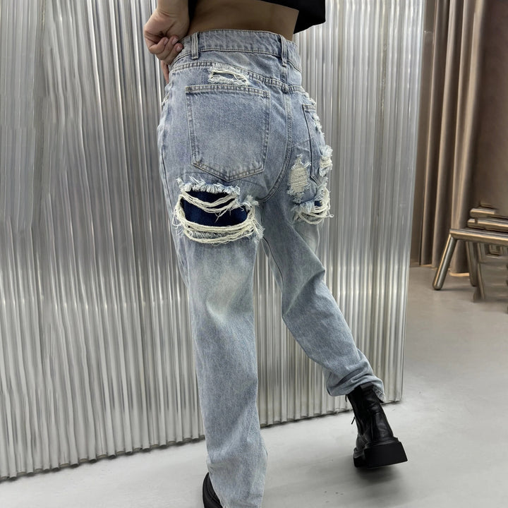 Damen Wide-Leg-Jeans mit Destroyed-Details und hohem Bund Drune