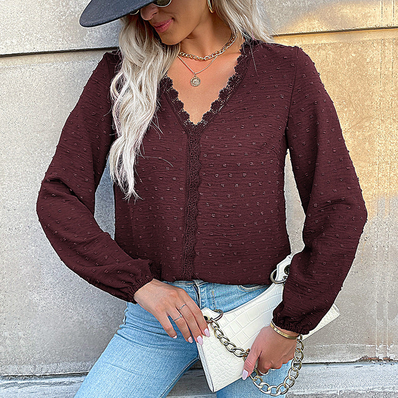 Damen Elegante Bluse mit Rüschendetails und Spitzenakzent Drune
