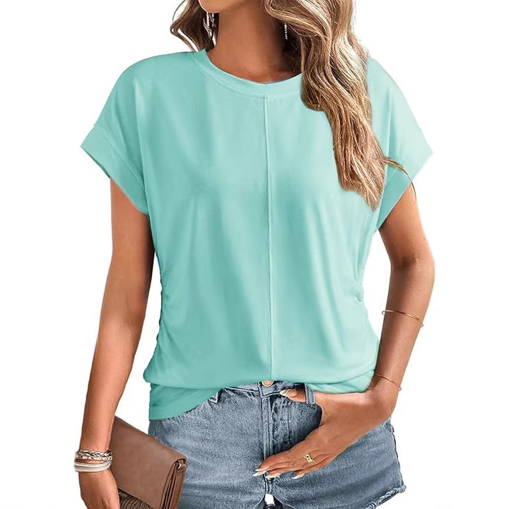 Damen Relaxed-Fit Kurzarmshirt mit dekorativer Mittelnähte und Umschlagärmeln Drune