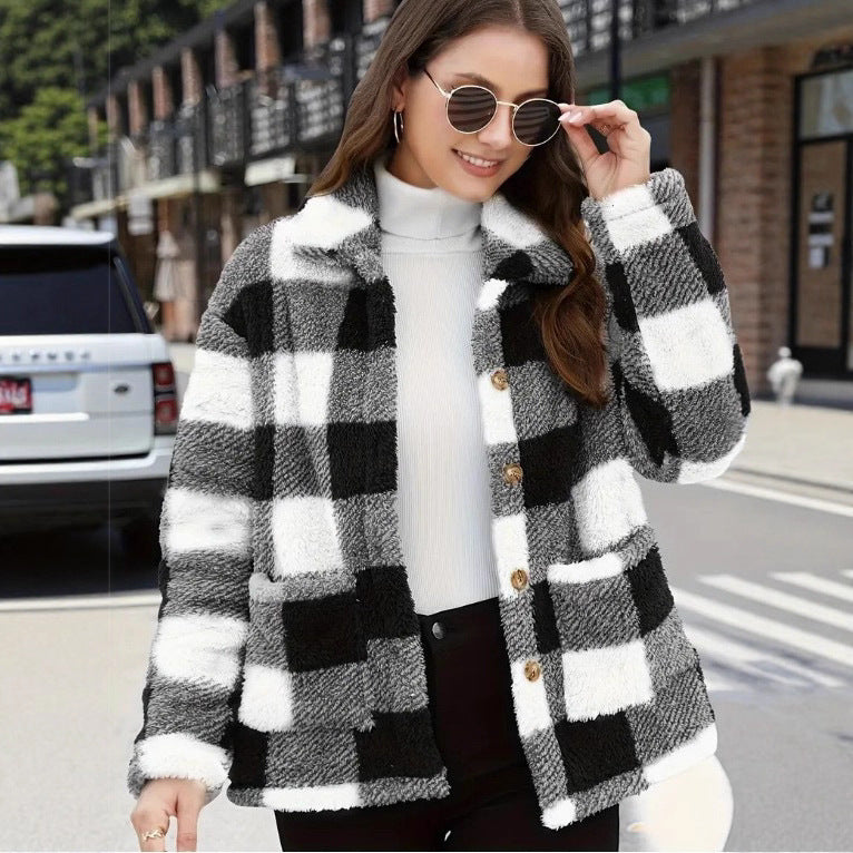 Damen nan gefütterte Karo Teddy-Fleece Shacket mit Knopfleiste und aufgesetzten Taschen Drune