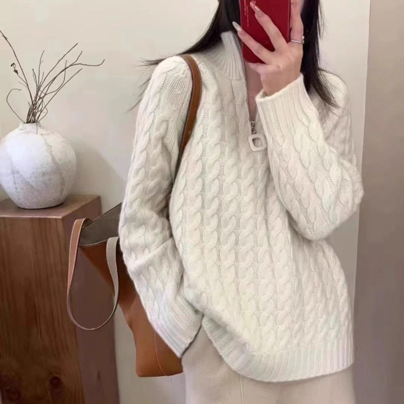Damen Oversize Zopfmuster-Feinstrickpullover mit halbem Zipper und Stehkragen Drune