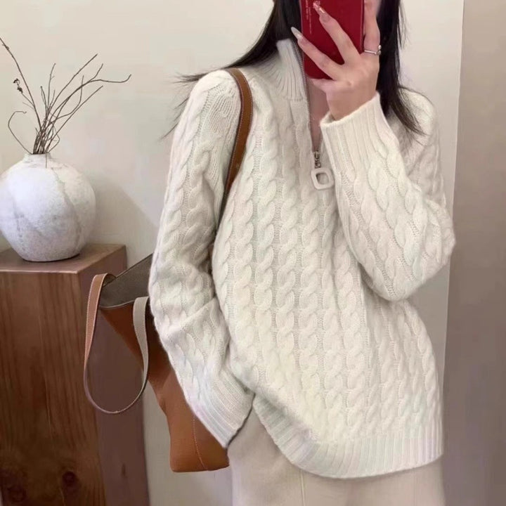 Damen Oversize Zopfmuster-Feinstrickpullover mit halbem Zipper und Stehkragen Drune