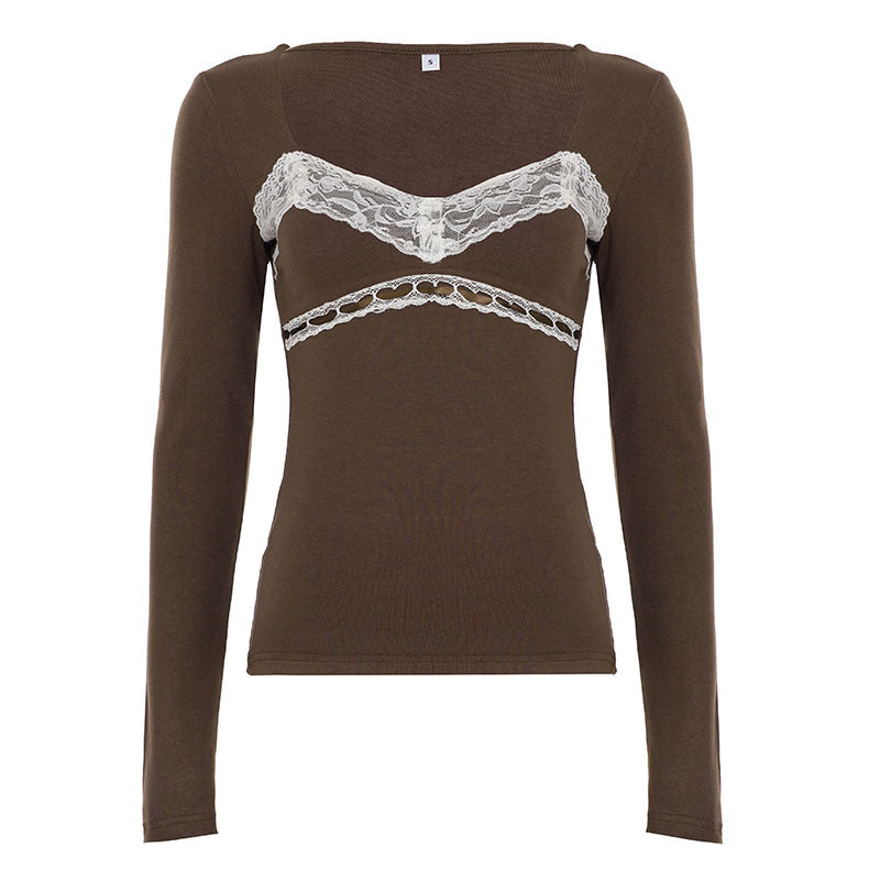 Damen Figurbetontes Langarmshirt mit integriertem Spitzen‑Bustierdetail Drune