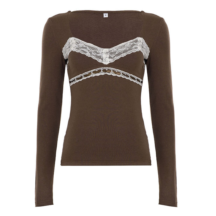 Damen Figurbetontes Langarmshirt mit integriertem Spitzen‑Bustierdetail Drune