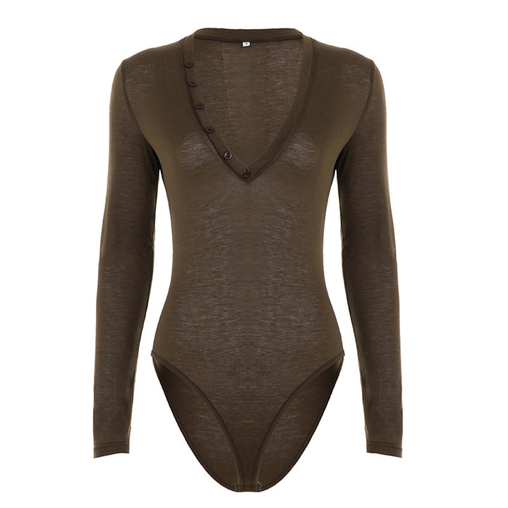 Damen Langarmbody mit tiefem V-Ausschnitt und Knopfdetails Drune