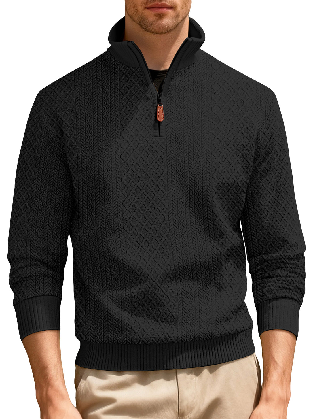 Herren nan feinstrukturierter Halbzip-Pullover im Jacquard-Relief mit hohem Stehkragen und Leder-Zipper Drune