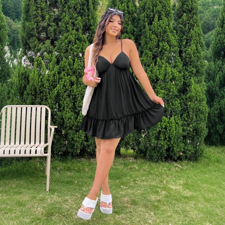 Damen luftiges Strandkleid mit Rüschenabschluss und verstellbaren Trägern Drune
