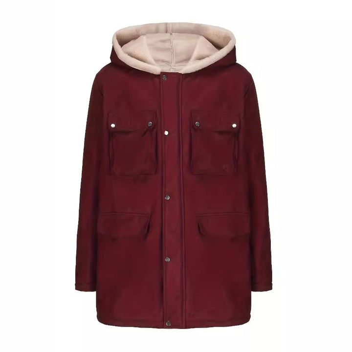Damen warme Outdoorjacke mit Innenfutter aus Kunstfell und großen Taschen Drune
