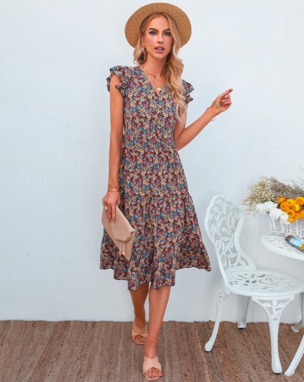 Damen A-Linien Kleid mit voluminösen Rüschenärmeln und floralen Details Drune