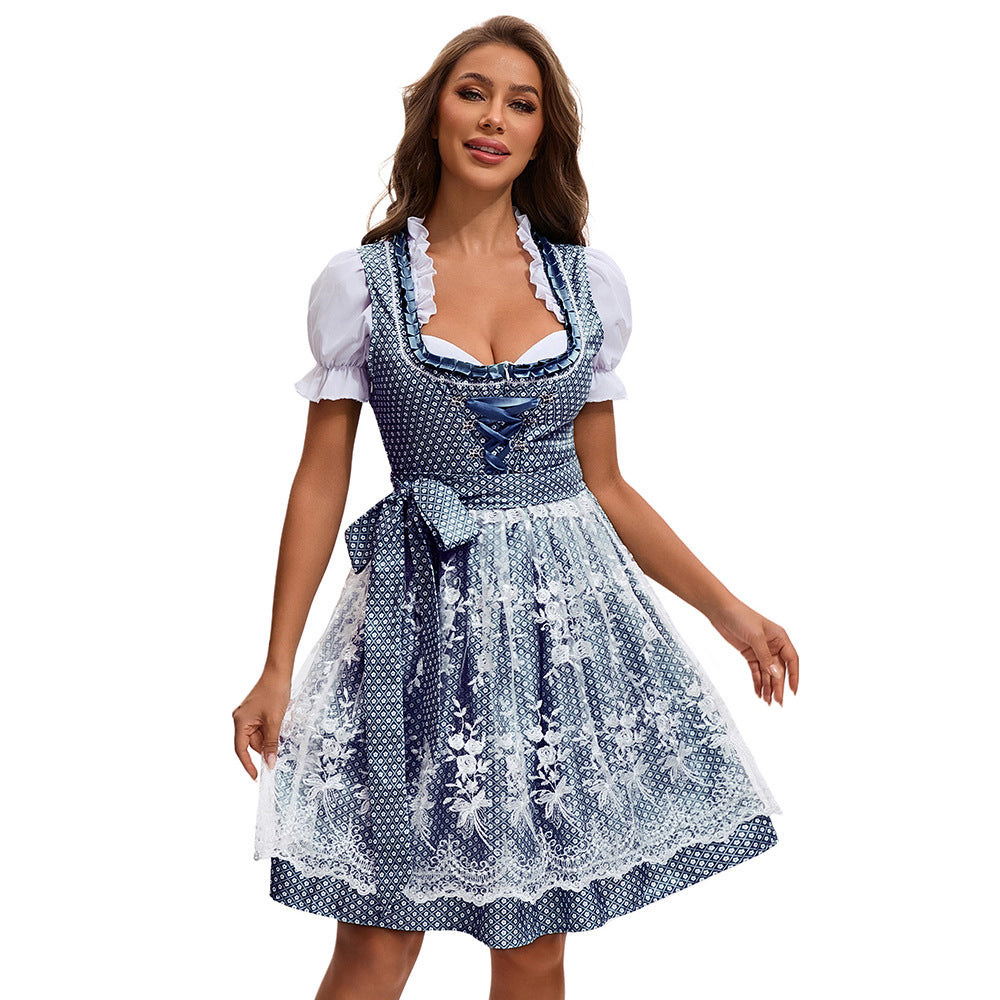 Damen nan traditionelles kurzes Dirndl mit Spitzenapron, Herzausschnitt, Puffärmeln und Schnürung Drune