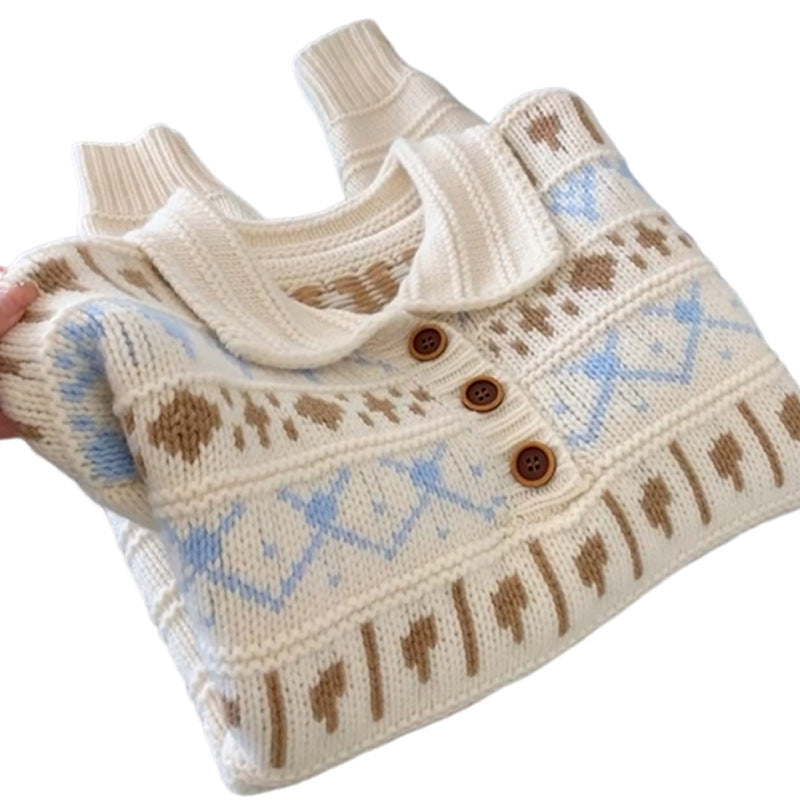 Damen Grobstrickpullover mit liebevollem Grafikumfang und romantischem Kragen Drune
