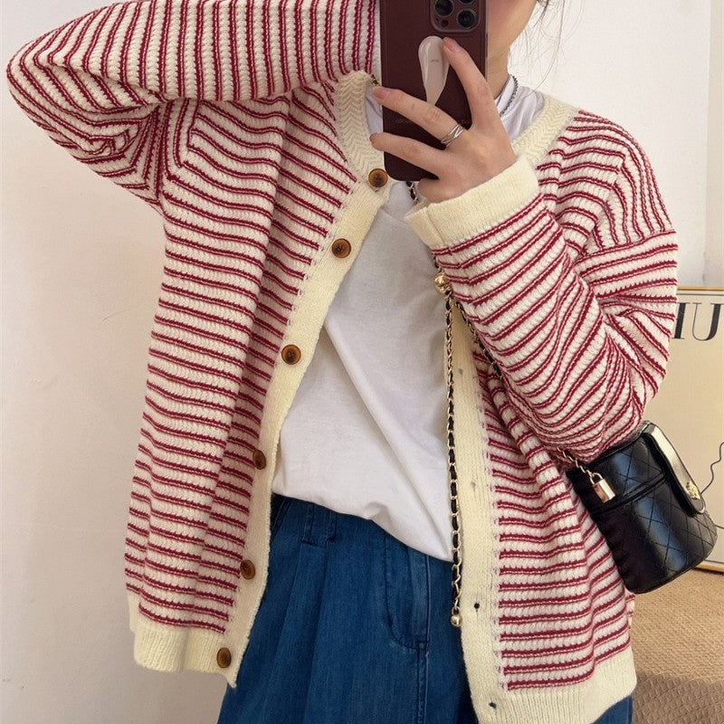 Damen lässige Strickjacke mit modernen Streifen Drune