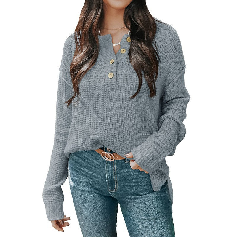 Damen nan lockerer Waffelstruktur Henley Pullover mit Knopfleiste und überschnittener Schulter Drune