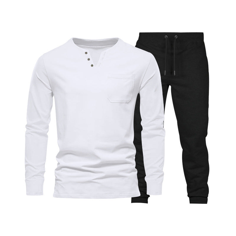 Herren Langarm‑Henley Loungewear‑Set mit Brusttasche und tapered Jogginghose Drune