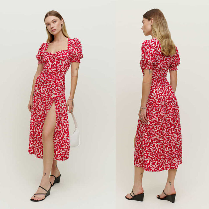 Damen Maxikleid mit Volantärmeln und seitlichem Schlitz Drune