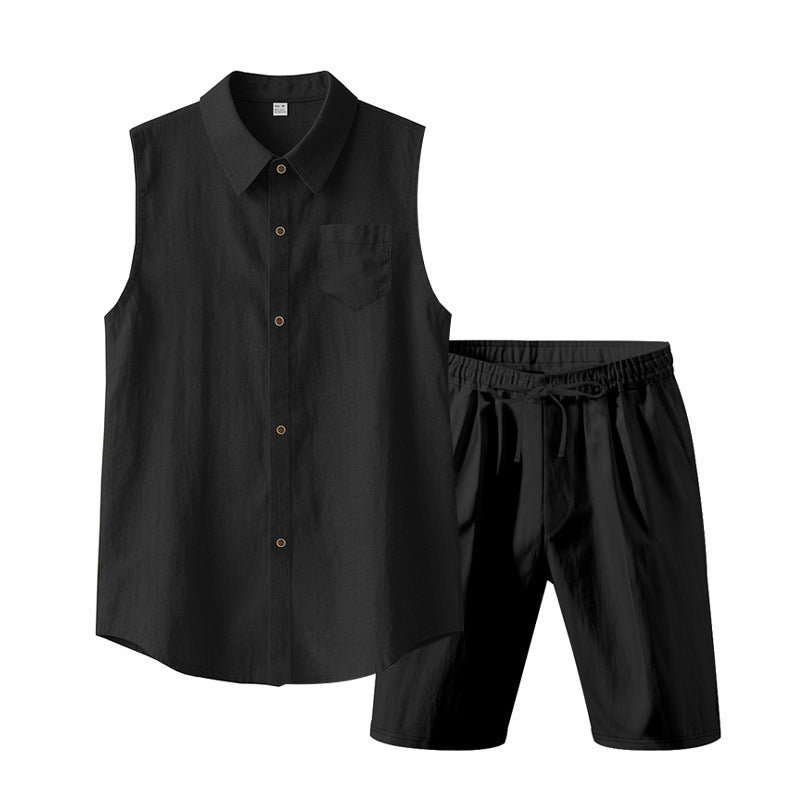 Herren nan ärmelloses Hemd- und Shorts-Set aus Baumwoll-Leinen mit Kentkragen und elastischem Tunnelzugbund Drune